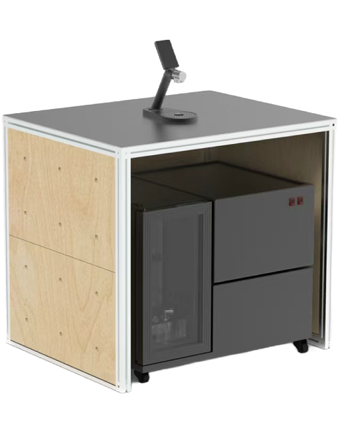 Example compact coffee kiosk with dispensing tap and undercounter equipment